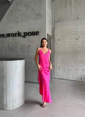 JACQUARD STRAP SATIN ASYMMETRIC DRESS - Pink - BÜYÜKBEDENIZ (1)