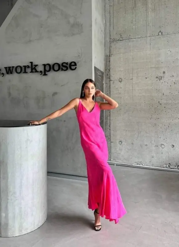 JACQUARD STRAP SATIN ASYMMETRIC DRESS - Pink - 3