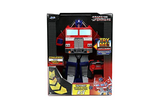 Jada Toys - Transformers Optimus Prime Konvertatsiya qiluvchi RC Avtomobil - Bolalar o'yinchoq sovg'asi - Yuk mashinasidan robotga o'zgarish - Chiroqlar va tovushlar - To'liq funksiyali masofadan boshqarish pulti - 13' Uzun - 2