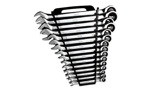 Jaeger 15pc 90-Tooth Ratcheting Wrenches MASTER SET - Our LARGEST SAE With Wrench Rack Organizer - Our standard in safety for combination wrench sets from gear to tip - 1