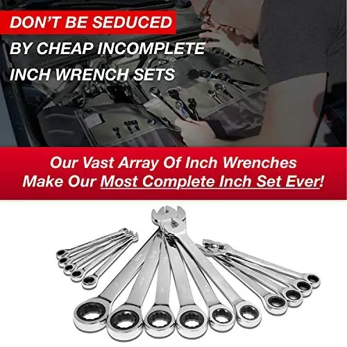 Jaeger 15pc 90-Tooth Ratcheting Wrenches MASTER SET - Our LARGEST SAE With Wrench Rack Organizer - Our standard in safety for combination wrench sets from gear to tip - 2