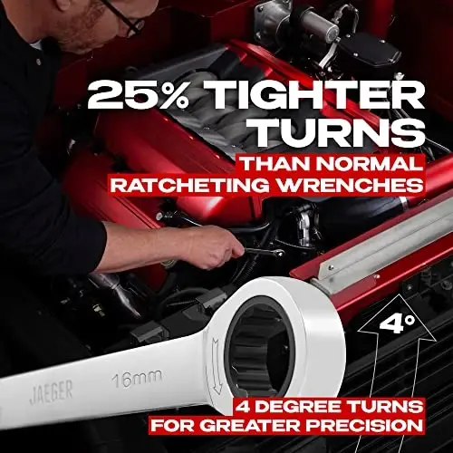 Jaeger 16 mm Ratchet Combination Wrench with 90-Tooth Ratcheting Precision and Hardened, Polished Steel for Projects with Metric Tight Spaces - 4