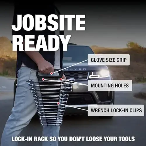 Jaeger 16pc MM/Metric TIGHTSPOT 90-Tooth Ratcheting Combination Wrench Set With Lock-In Rack - Metric SET With Ratchet Speed Wrenches And A Lock-In Rack Case - 6