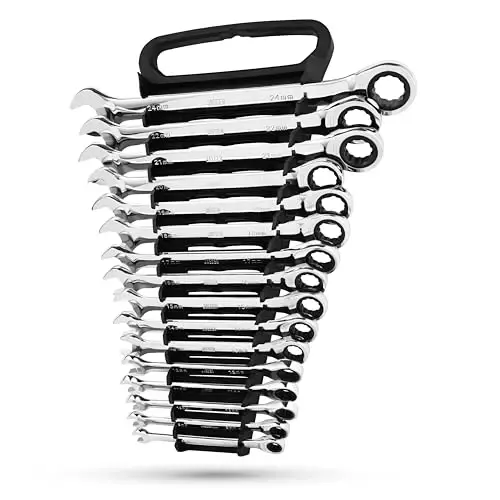 Jaeger 16pc MM/Metric TIGHTSPOT 90-Tooth Ratcheting Combination Wrench Set With Lock-In Rack - Metric SET With Ratchet Speed Wrenches And A Lock-In Rack Case 