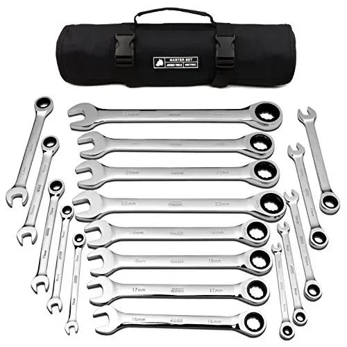 Jaeger 18pc MM/Metric TIGHTSPOT 90-Tooth Ratcheting Wrenches MASTER SET - With BEAR KEEPER Rollup Case 