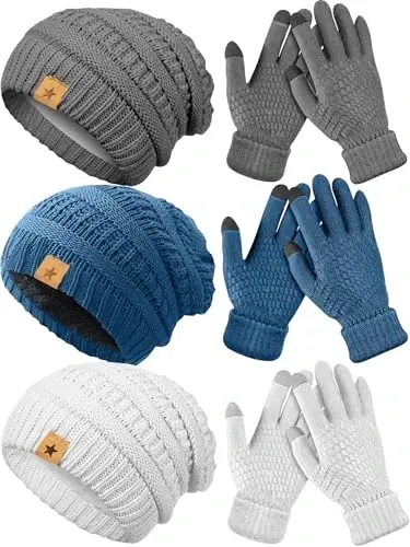 JaGely 6 Pcs Women Winter Beanie Hat Gloves Set Warm Knitted Hats and Touchscreen Gloves Lady Cold Winter Gifts for Christmas - JAGELY