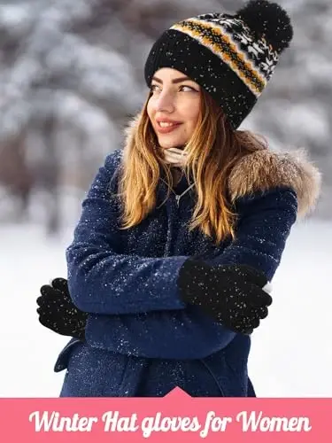 JaGely 6 Pcs Women Winter Beanie Hat Gloves Set Warm Knitted Hats and Touchscreen Gloves Lady Cold Winter Gifts for Christmas - 6