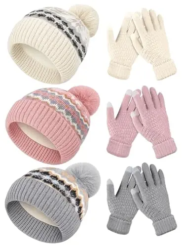 JaGely 6 Pcs Women Winter Beanie Hat Gloves Set Warm Knitted Hats and Touchscreen Gloves Lady Cold Winter Gifts for Christmas - 1