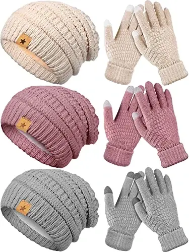 JaGely 6 Pcs Women Winter Beanie Hat Gloves Set Warm Knitted Hats and Touchscreen Gloves Lady Cold Winter Gifts for Christmas - 1