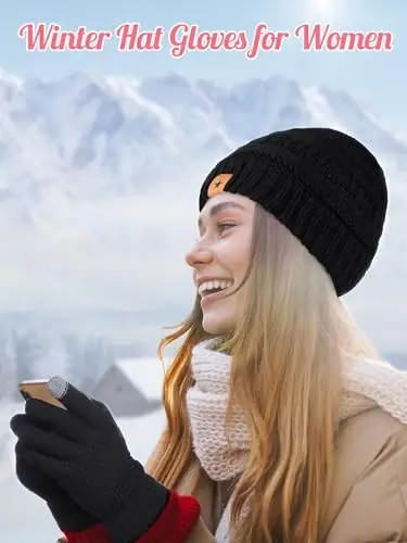JaGely 6 Pcs Women Winter Beanie Hat Gloves Set Warm Knitted Hats and Touchscreen Gloves Lady Cold Winter Gifts for Christmas - 3
