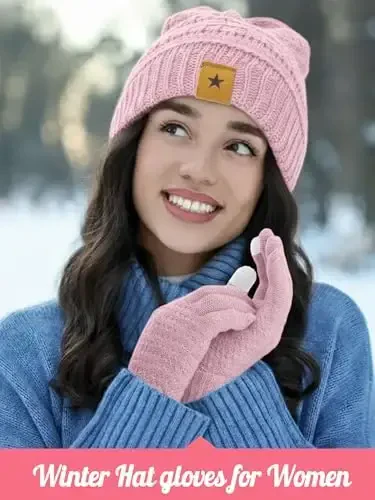 JaGely 6 Pcs Ayollar Qishki Shapka Qo'lqoplar To'plami Issiq Trikotaj Shapka va Sensorli Qo'lqoplar Xonim Rojdestvo uchun Sovuq Qish Sovg'alari - 4