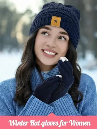 JaGely 6 Pcs Women Winter Beanie Hat Gloves Set Warm Knitted Hats and Touchscreen Gloves Lady Cold Winter Gifts for Christmas - 4