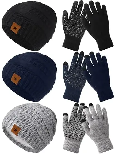JaGely 6 Pcs Women Winter Beanie Hat Gloves Set Warm Knitted Hats and Touchscreen Gloves Lady Cold Winter Gifts for Christmas - 5