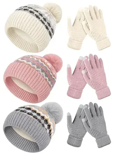 JaGely 6 Pcs Women Winter Beanie Hat Gloves Set Warm Knitted Hats and Touchscreen Gloves Lady Cold Winter Gifts for Christmas - JAGELY