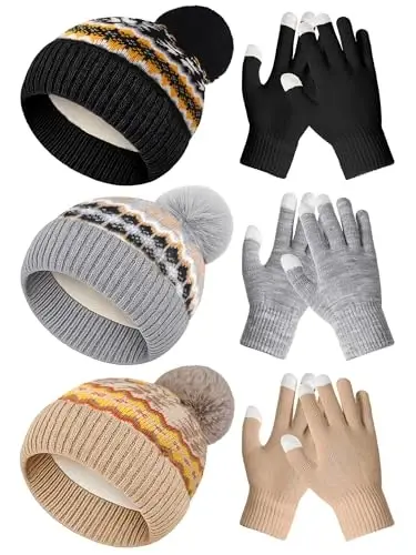 JaGely 6 Pcs Women Winter Beanie Hat Gloves Set Warm Knitted Hats and Touchscreen Gloves Lady Cold Winter Gifts for Christmas - 1
