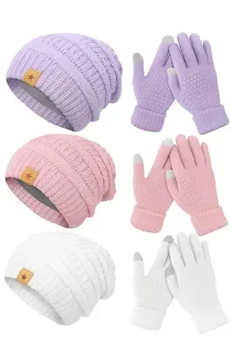 JaGely 6 Pcs Women Winter Beanie Hat Gloves Set Warm Knitted Hats and Touchscreen Gloves Lady Cold Winter Gifts for Christmas - 1