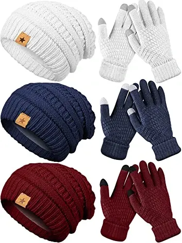 JaGely 6 Pcs Women Winter Beanie Hat Gloves Set Warm Knitted Hats and Touchscreen Gloves Lady Cold Winter Gifts for Christmas 