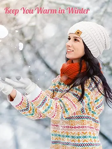 JaGely 6 Pcs Women Winter Beanie Hat Gloves Set Warm Knitted Hats and Touchscreen Gloves Lady Cold Winter Gifts for Christmas - 4