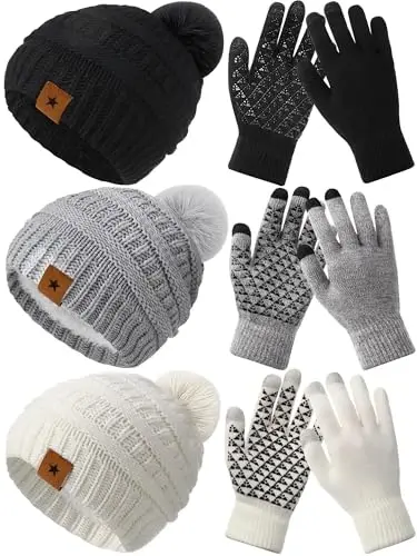 JaGely 6 Pcs Women Winter Beanie Hat Gloves Set Warm Knitted Hats and Touchscreen Gloves Lady Cold Winter Gifts for Christmas - 1
