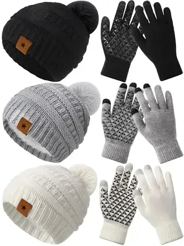 JaGely 6 Pcs Women Winter Beanie Hat Gloves Set Warm Knitted Hats and Touchscreen Gloves Lady Cold Winter Gifts for Christmas - JAGELY