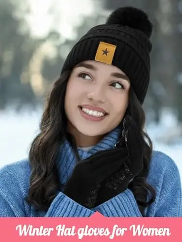 JaGely 6 Pcs Women Winter Beanie Hat Gloves Set Warm Knitted Hats and Touchscreen Gloves Lady Cold Winter Gifts for Christmas - 4