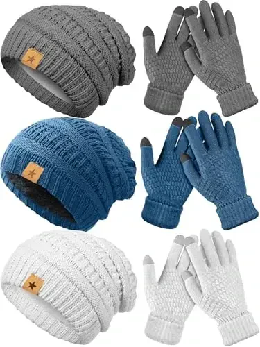 JaGely 6 Pcs Women Winter Beanie Hat Gloves Set Warm Knitted Hats and Touchscreen Gloves Lady Cold Winter Gifts for Christmas - JAGELY