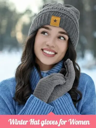 JaGely 6 Pcs Women Winter Beanie Hat Gloves Set Warm Knitted Hats and Touchscreen Gloves Lady Cold Winter Gifts for Christmas - 4