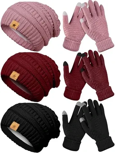 JaGely 6 Pcs Women Winter Beanie Hat Gloves Set Warm Knitted Hats and Touchscreen Gloves Lady Cold Winter Gifts for Christmas - 1