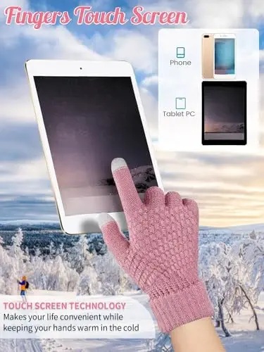 JaGely 6 Pcs Women Winter Beanie Hat Gloves Set Warm Knitted Hats and Touchscreen Gloves Lady Cold Winter Gifts for Christmas - 5