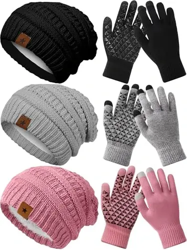 JaGely 6 Pcs Women Winter Beanie Hat Gloves Set Warm Knitted Hats and Touchscreen Gloves Lady Cold Winter Gifts for Christmas 