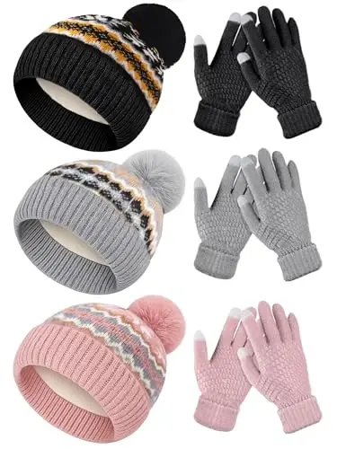 JaGely 6 Pcs Women Winter Beanie Hat Gloves Set Warm Knitted Hats and Touchscreen Gloves Lady Cold Winter Gifts for Christmas 