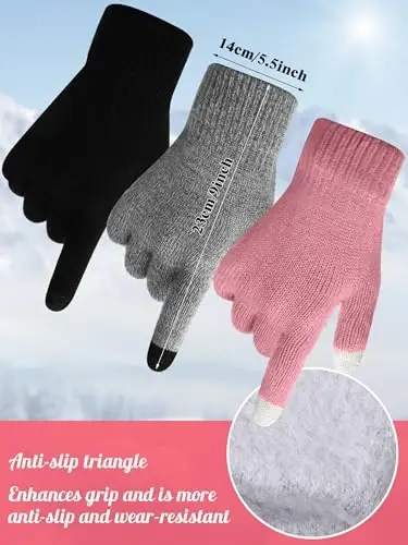 JaGely 6 Pcs Women Winter Beanie Hat Gloves Set Warm Knitted Hats and Touchscreen Gloves Lady Cold Winter Gifts for Christmas - 3
