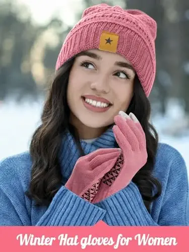 JaGely 6 Pcs Women Winter Beanie Hat Gloves Set Warm Knitted Hats and Touchscreen Gloves Lady Cold Winter Gifts for Christmas - 5