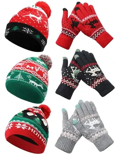 JaGely 6 Pcs Women Winter Beanie Hat Gloves Set Warm Knitted Hats and Touchscreen Gloves Lady Cold Winter Gifts for Christmas - 1