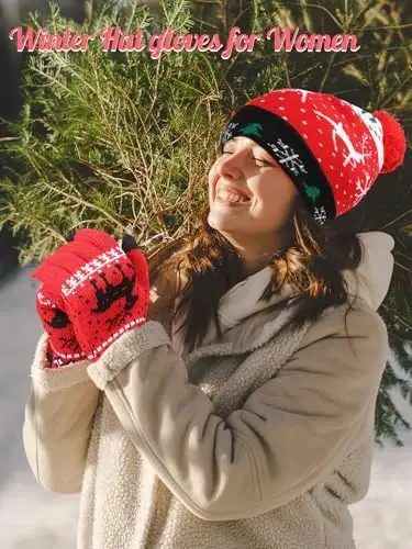 JaGely 6 Pcs Women Winter Beanie Hat Gloves Set Warm Knitted Hats and Touchscreen Gloves Lady Cold Winter Gifts for Christmas - 5