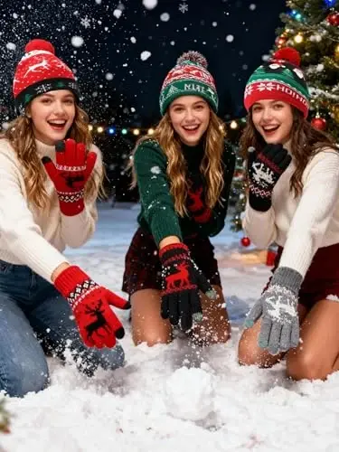 JaGely 6 Pcs Women Winter Beanie Hat Gloves Set Warm Knitted Hats and Touchscreen Gloves Lady Cold Winter Gifts for Christmas - 4