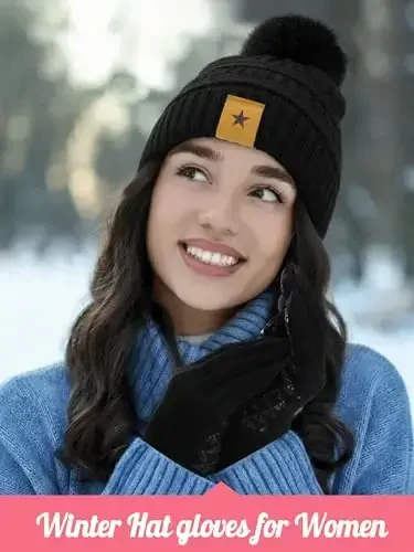 JaGely 6 Pcs Women Winter Beanie Hat Gloves Set Warm Knitted Hats and Touchscreen Gloves Lady Cold Winter Gifts for Christmas - 4