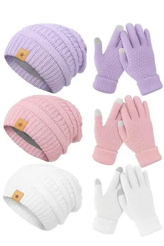 JaGely 6 Pcs Women Winter Beanie Hat Gloves Set Warm Knitted Hats and Touchscreen Gloves Lady Cold Winter Gifts for Christmas 