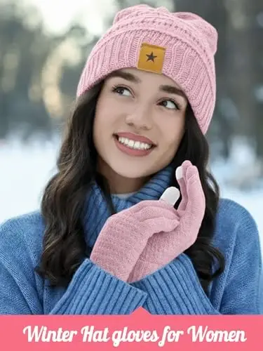 JaGely 6 Pcs Women Winter Beanie Hat Gloves Set Warm Knitted Hats and Touchscreen Gloves Lady Cold Winter Gifts for Christmas - 4