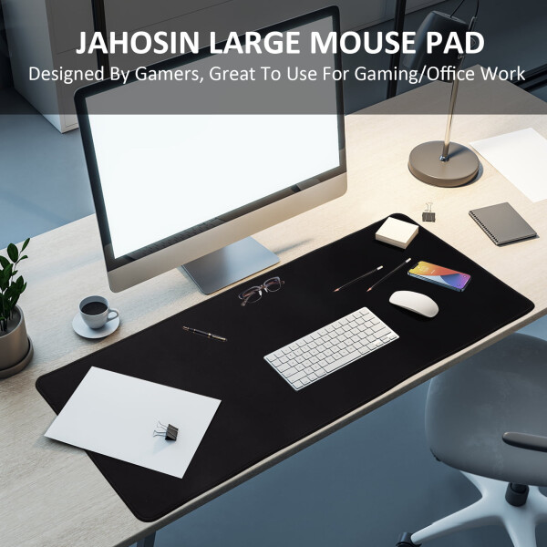 Jahosin Large Gaming Mouse Pad with Stitched Edges, [35.4x15.7In] Extended Mouse Pad with Non-Slip Natural Rubber Base for Gamer/Desktop/Office/Home 90x40 Black - 2