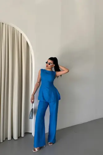 JAKAR KETEN KOLSUZ BLUZ-PANTOLON TK - Mavi - 4