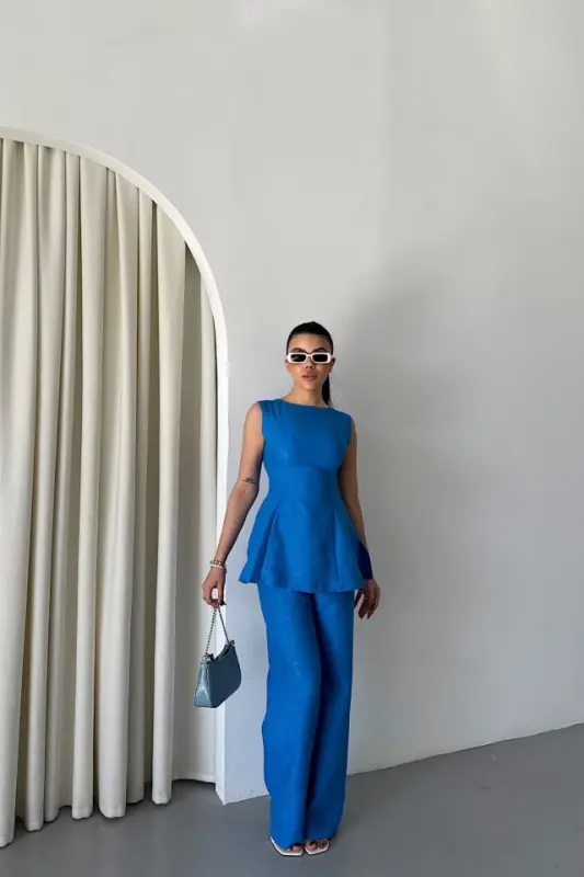 JAKAR KETEN KOLSUZ BLUZ-PANTOLON TK - Mavi - BÜYÜKBEDENIZ