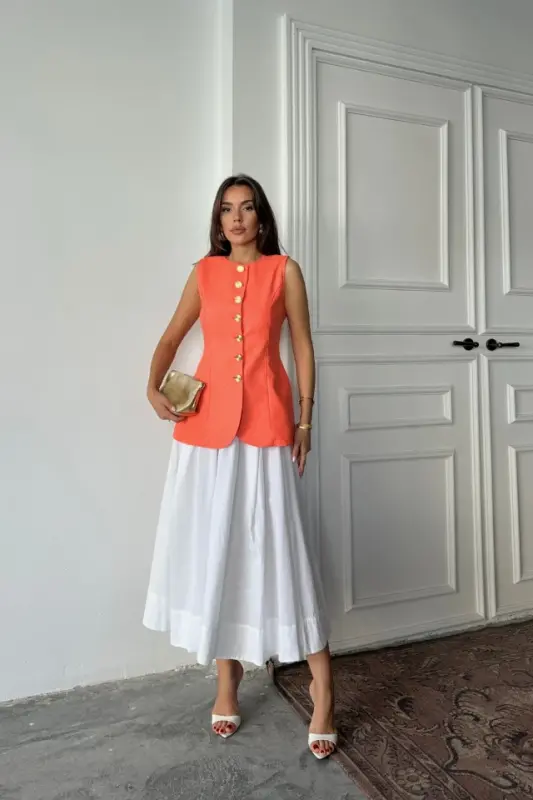 JAKAR KETEN YELEK BELDEN OTURTMALI GOLD DÜĞMELİ - Orange - BÜYÜKBEDENIZ