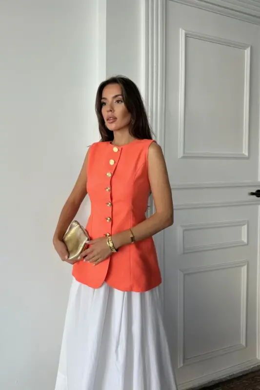 JAKAR KETEN YELEK BELDEN OTURTMALI GOLD DÜĞMELİ - Orange - 4