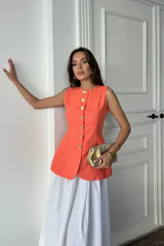 JAKAR KETEN YELEK BELDEN OTURTMALI GOLD DÜĞMELİ - Orange - BÜYÜKBEDENIZ (1)