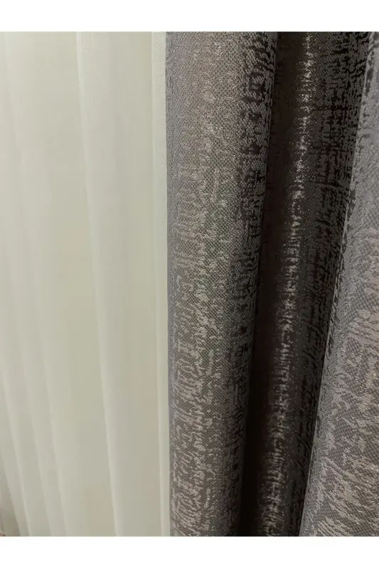 Jakar Zamin O'zidan naqshli 1/2,5 Pile Fon Parda - Kulrang - Vizon (tosh Rengi)-Kulrang - 3