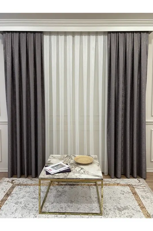 Jakar Zamin O'zidan naqshli 1/2,5 Pile Fon Parda - Kulrang - Vizon (tosh Rengi)-Kulrang - 4