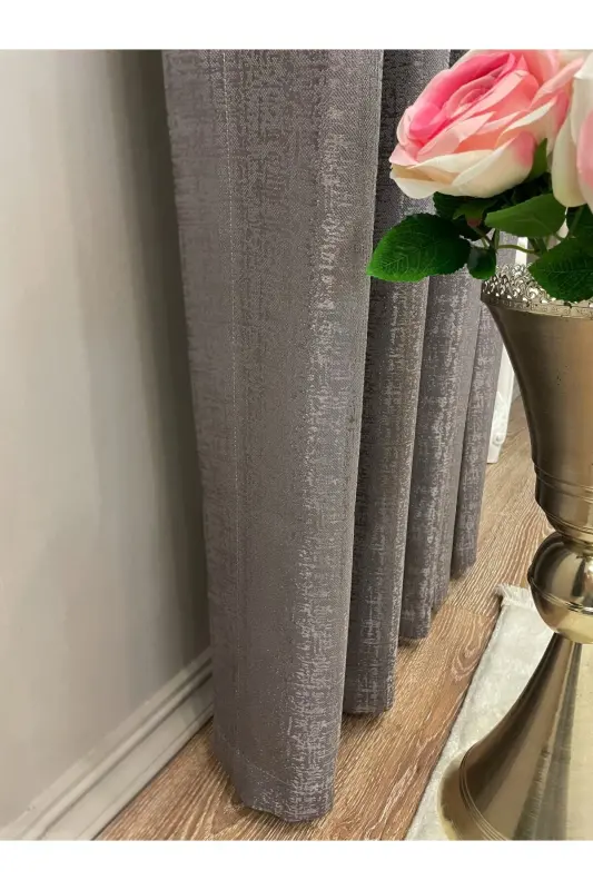 Jakar Zemin Kendinden Desenli 1/2,5 Pile Fon Perde - Gri - Vizon (taş Rengi)-Gri - 2