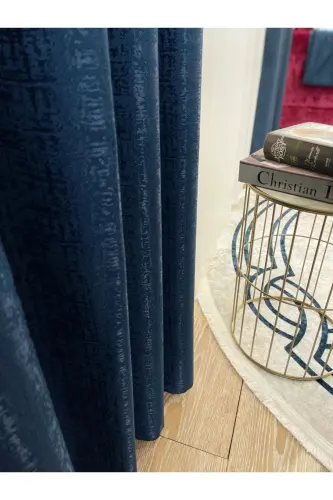 Jakar Zemin Kendinden Desenli 1/2,5 Pile Fon Perde - Lacivert-Lacivert 