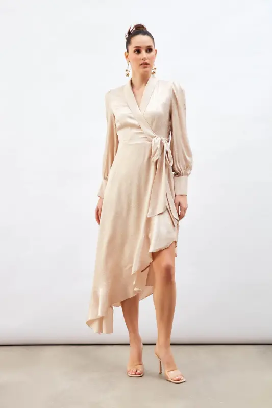 Jakarlı Asimetrik Elbise - Bej-BEJ - 5